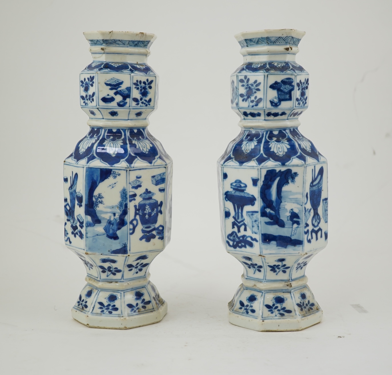 A pair of Chinese blue and white octagonal vases, Kangxi period